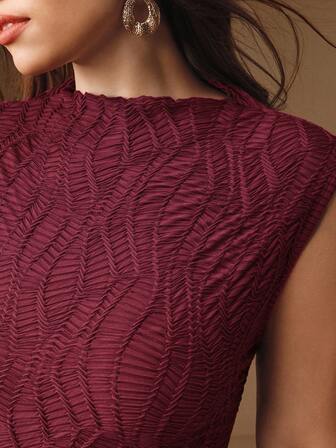 Anewsta Canotta aderente con colletto a volant in tessuto texturizzato bordeaux senza maniche, adatta per Natale, autunno, inverno, elegante, chic, stilosa, Natale, uscite, abbigliamento invernale da donna, Natale