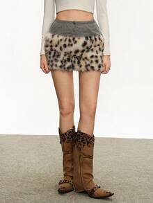 Rina Fox Women's Leopard Print Faux Fur Patchwork Sexy Mini Skirt