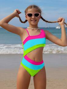 SHEIN 女童拼色不对称领口连体泳衣，腰部镂空设计，紫色沙滩装 - 彩色 - 查看 7