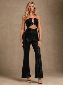 Glamine Bộ đồ liền thân hở lưng đính đá Rhinestone chữ V sâu dành cho nữ, trang phục dự tiệc - màu đen - Xem 4