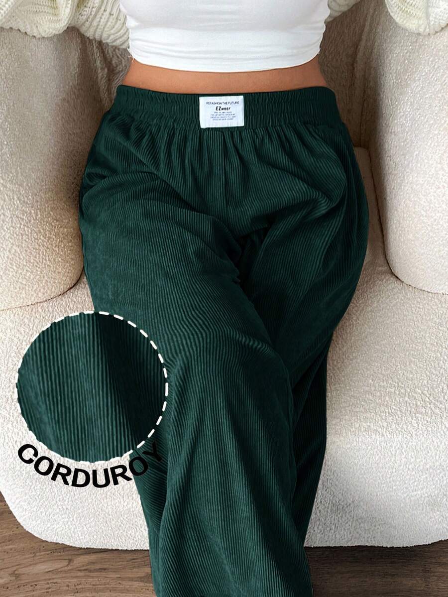 SHEIN EZwear 大码女式高腰宽松灯芯绒裤,带口袋和贴片设计,适合校园、日常穿着和室内工作,秋冬季,深绿色 - 墨綠色 - 查看 1