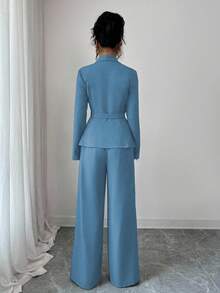 Elenzga Women's Elegant Lapel V-Neck Long Sleeve Unique Design Waist Belt Buttoned High-End Blazer Jacket And Straight Wide-Leg Pants Two Pieces Suit, Suitable For Work Commute In Autumn - Baby Blue - View 2