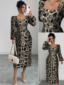 Elenzga 复古优雅金属提花方领长袖腰部收腰中长连衣裙，配珍珠纽扣装饰和前开衩 - 黑色 - 查看 5