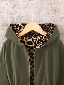 SHEIN 青少年女孩休闲连帽豹纹印花内衬束腰中长款夹克秋冬女童服装 - 軍綠色 - 查看 4