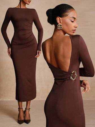 Vesra 优雅露背金属装饰腰部修身针织连衣裙，适合女士、派对和聚会