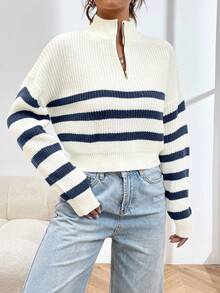 SHEIN Unity Suéter holgado y casual de mujer con rayas, manga larga de hombro caído, media cartera y cremallera, para otoño/invierno - Multicolor - Ver 5