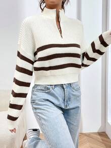 SHEIN Unity 宽松休闲女式条纹落肩长袖半开襟拉链毛衣，秋冬 - 彩色 - 查看 4