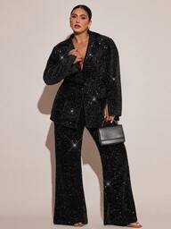 SHEIN BAE Büyük Beden Simli Moda Uzun Kollu Ceket Sonbahar/Kış, Kadınlar İçin Curve, Kadınlar İçin Sonbahar Sonbahar Ceketi, Kadınlar İçin Curve Cadılar Bayramı Noel Yeni Yıl Şükran Günü Ceketi, Payetli Misafir Ceketi