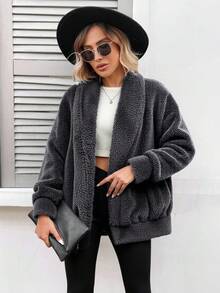 EURMUSE Teddy Reversible Fleece Fabric Casual Short Jacket, Soft Comfortable - Black - View 1