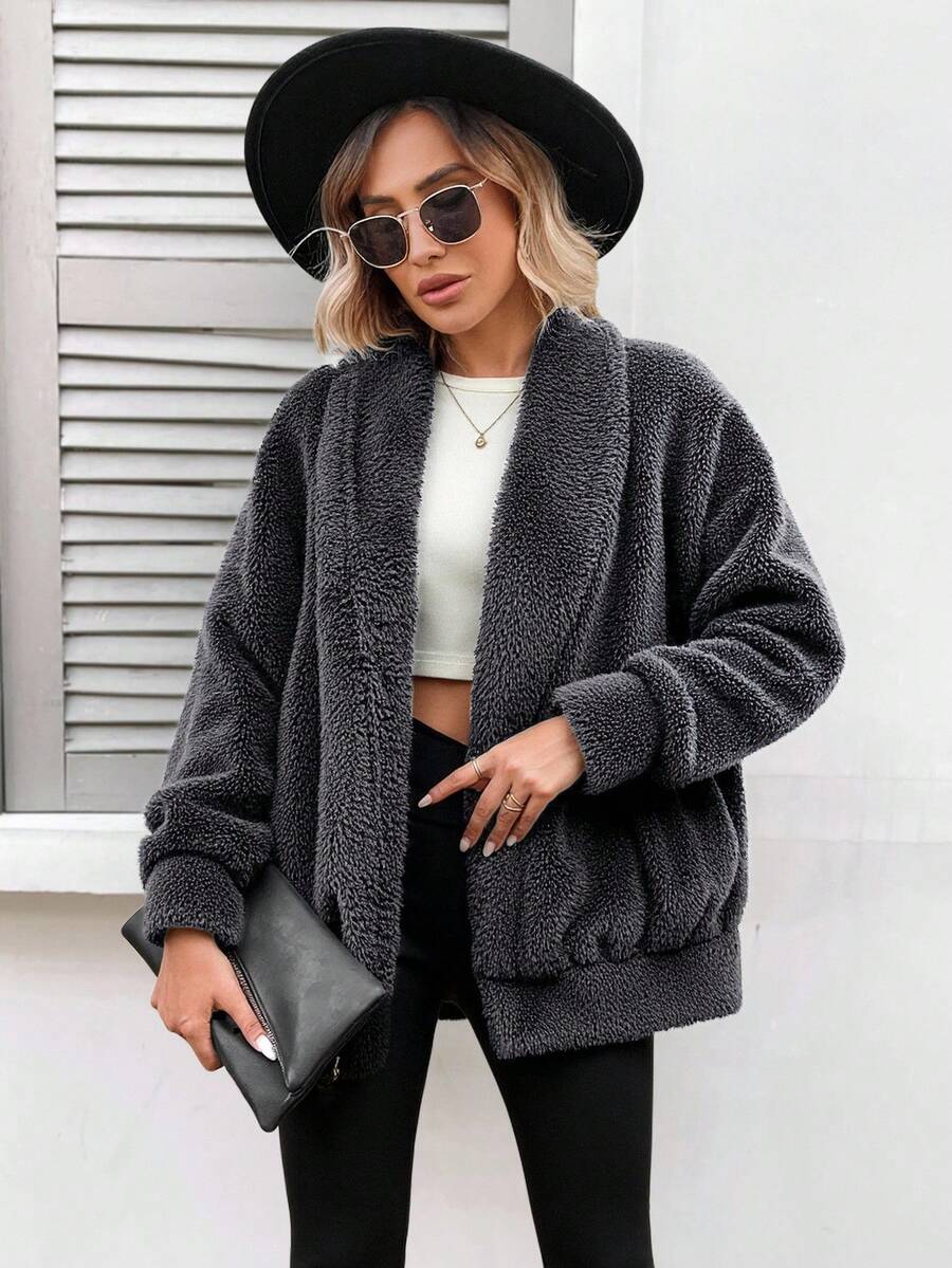 EURMUSE Teddy Reversible Fleece Fabric Casual Short Jacket, Soft Comfortable - Black - View 1