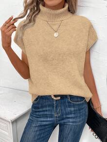 EMERY ROSE Casual High Neck Sleeveless Sweater Vest For Women - Khaki - View 5