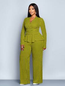 SOLERSUN Plus Size Women's Fall And Winter Elegant Striped V Neck Long Sleeve T-Shirt And Wide Leg Pants Two Pieces Set,Asymmetrical Hem Two Pieces Outfits,Casual Daily Wear,Winter Clothes For Women Fall Cloth For Women ,Wrapping, Twisting, Waistband, Black And White Striped Jacquard Texture Fabric, Daily Wear, Commuting, Shopping - Olive Green - View 6