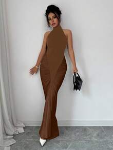 Elenzga Women's Black & White Color Block Halter Neck Cinched Waist Fishtail Hem Elegant Dress, Suitable For Commuting And Daily Wear