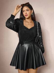 Zelara Plus Size Elegant Commuter Luxury Sequins Embroidered Patchwork Blouse Party Winter New Year - Black - View 3