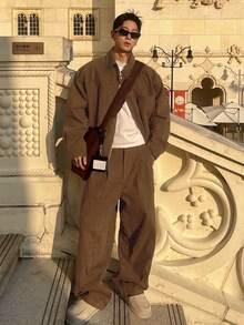 DAZY 男士纯色棕色短款夹克套装，秋季