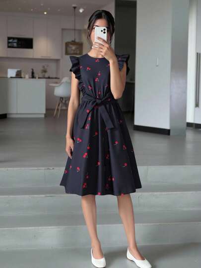 Teenage Girls' Cherry Print Navy Blue Belted Dress