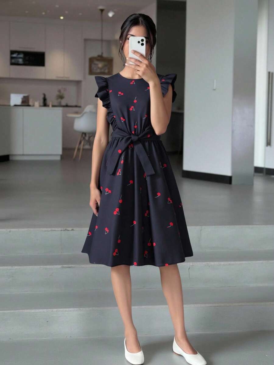 Teenage Girls' Cherry Print Navy Blue Belted Dress