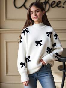 SHEIN Áo len chui đầu dệt kim cổ phễu cổ tròn tay dài họa tiết nơ cho bé gái tuổi mới lớn - trắng - Xem 2