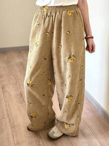 FRIFUL 女式棕色刺绣直筒裤，春季