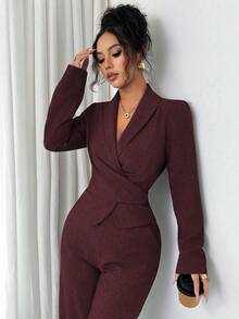 Modelyn 女式秋季梭织纯色斜襟裹腰长袖两件套 - 酒紅色 - 查看 3