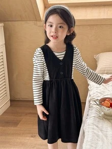 SHEIN 2pcs/Set Young Girls' Casual Black & White Striped Round Neck Puff Sleeve T-Shirt And Dress Set - Black and White - View 6