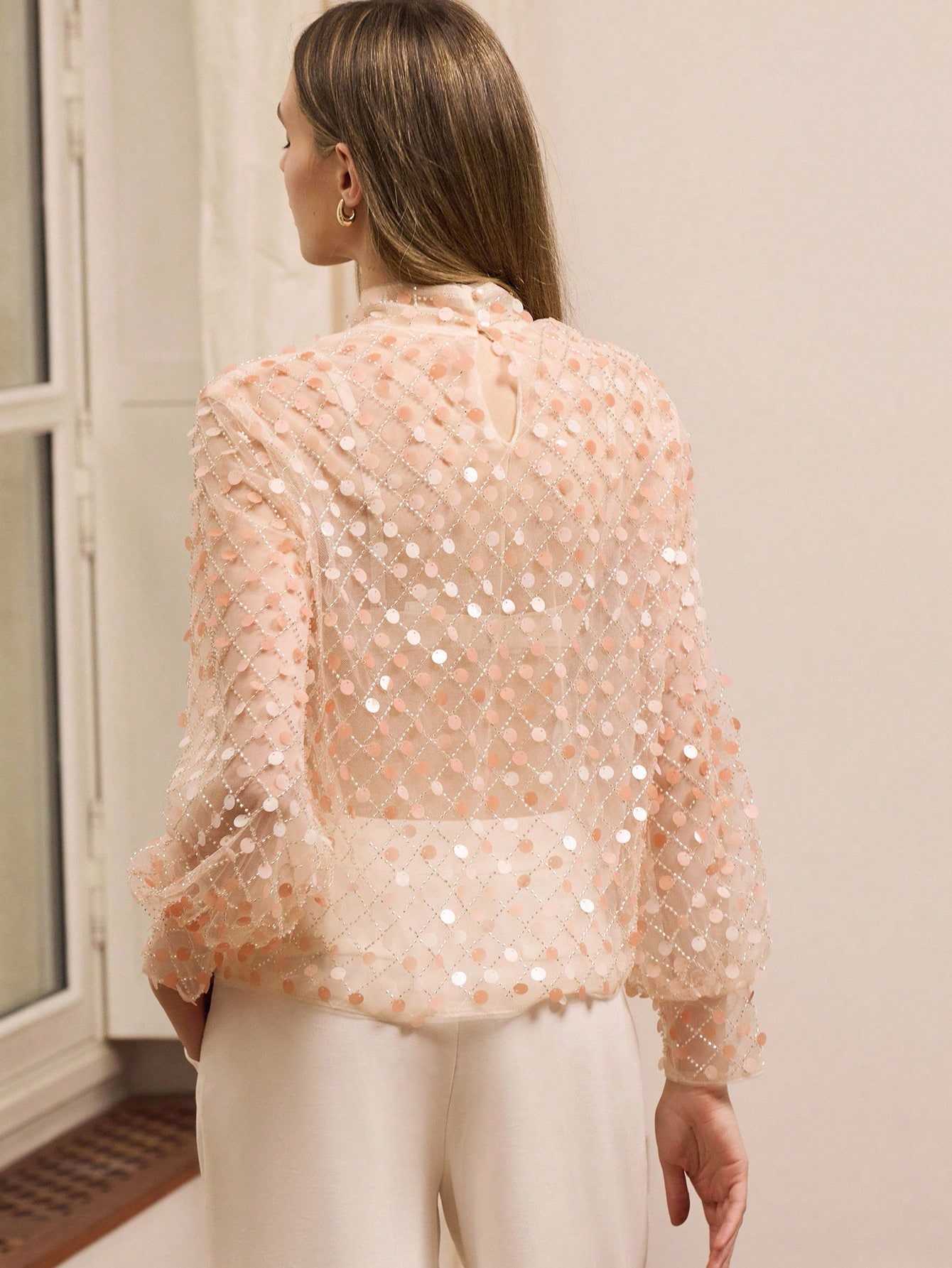 Sheer Sequin Embellished High Neck Long Sleeve Top Party Top Sequin Top Pink Top Evening Chic Spring Summer Premium Top Party Top See Through Tops Shiny Top Sparky Dress  New Year Party Outfits French Style Parisian Style