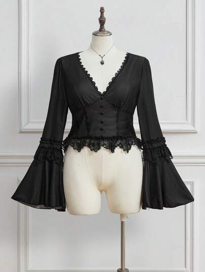 EDITION Blusa de encaje con cuello en V oscuro y parches en la cintura para mujer de talla grande, ideal para Halloween