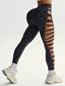 Slayform Slayform 1pc Seamless Leopard Print Elastic Mesh Hollow Fitness Yoga Sports Leggings - Dark Grey - View 6