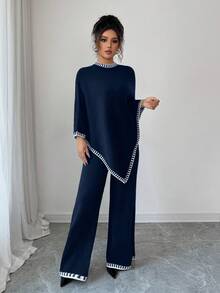 Elenzga Bộ đồ hai mảnh thiết kế áo poncho rộng rãi thoải mái và quần dệt kim màu tương phản rộng rãi dành cho nữ - Màu xanh hải quân - Xem 6