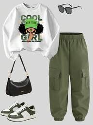 Sparklyn 2pcs/Set New York Girl Portrait Print Girls Long Sleeve Sweatshirt Top And Jogger Pants Set