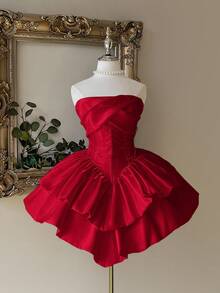 Lovelzi Vestido elegante y lujoso de falda de pastel de doble capa con cintura ceñida y sin tirantes de satén blanco, adecuado para despedida de soltera, boda, graduación, vacaciones, baile formal - Rojo - Ver 4