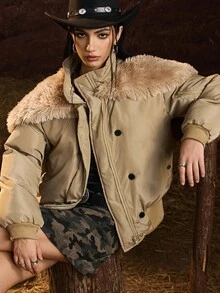 Easelle Furry Collar Elegant Women Padded Coat New Year Women Winter Clothes For Women  Brown Top Quilted And Thickened For Warmth And Comfort