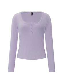 Almamuse 女式甜美蕾丝边长袖 T 恤，修身款三扣休闲白色 T 恤上衣夏季 - 淡紫色 - 查看 5