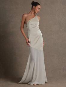 L'Amorae Satin Chiffon Mixed Media Backless One Shoulder Gown Graduation Prom Wedding Birthday - Apricot - View 2