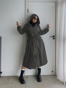 POPSWAY Áo khoác tay dài có mũ trùm đầu, túi khóa kéo phía trước cỡ lớn, có dây rút ở eo - Xám - Xem 3