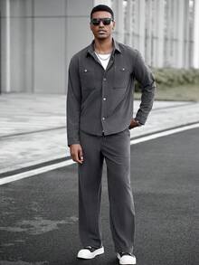 Manfinity CasualCool Dark Grey,Autumn,Streetwear,City Break Men's 2 Pieces Corduroy Jacket Set,Casual Leisure Suit Co Ord Joggers Outfit, Fall Clothes For Men - Grey - View 5