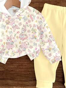 SHEIN 可爱田园兔子和花卉印花、郁金香蝴蝶结印花女婴休闲连帽衫和裤子套装，适合秋冬季、户外野餐、街头风格、家居 - 彩色 - 查看 5