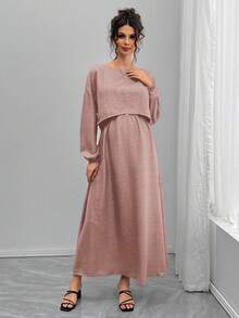 SHEIN 2pcs Maternity Set: Loose Boat Neck Long Sleeve Top And A-Line Waist Drawstring Skirt - Apricot - View 4