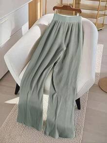 Franclia 女士时尚休闲针织阔腿裤，松紧腰带，带扣细节，适合秋冬季新年感恩节派对穿着 - 灰色 - 查看 2