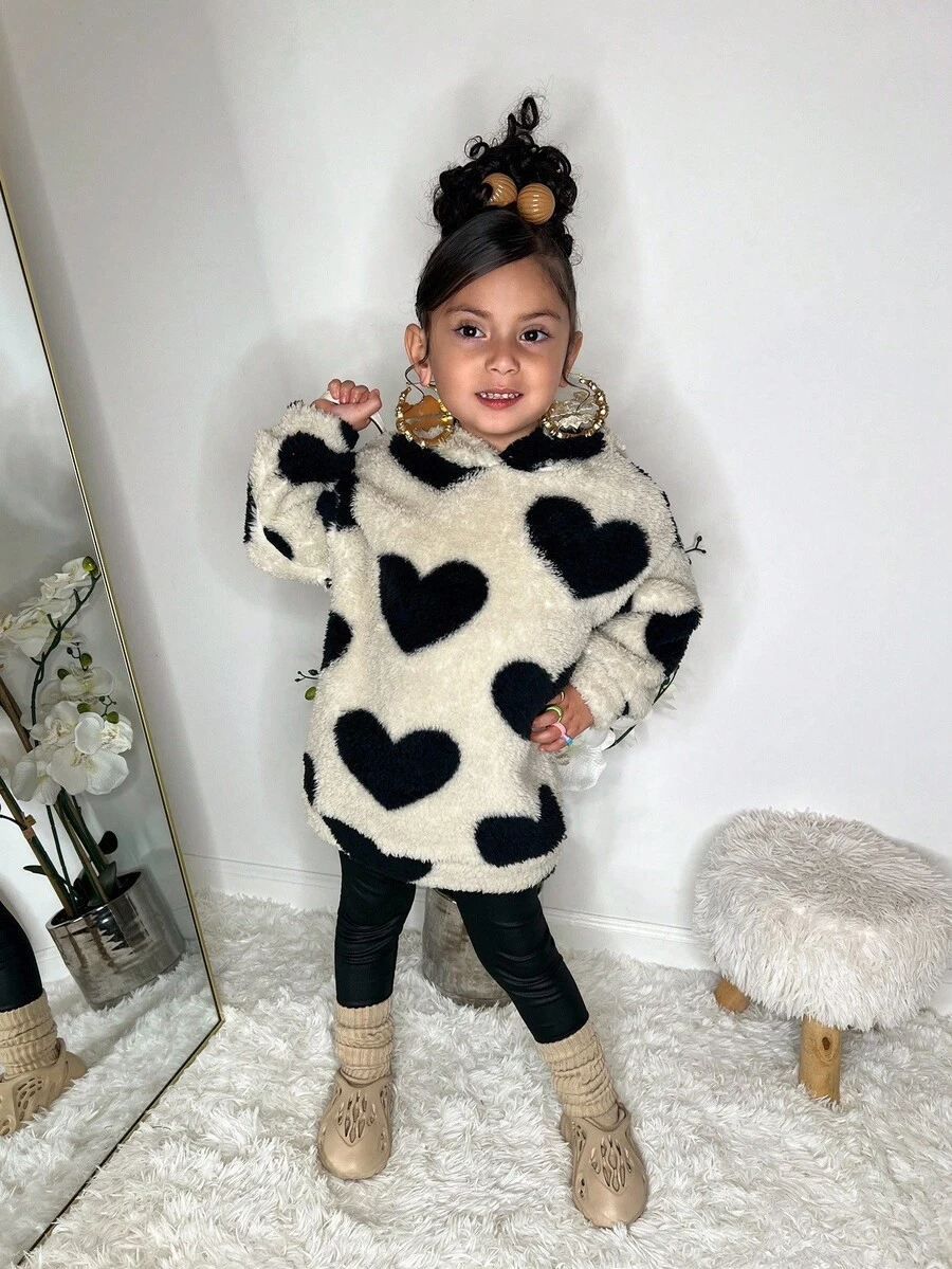 SHEIN 年轻女孩心形图案连帽休闲运动衫 - 白色 - 查看 1