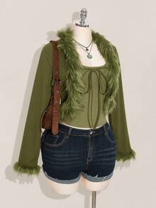 SHEIN ICON Áo khoác croptop buộc dây phía trước viền lông Y2k màu đen Plus dành cho nữ mùa thu đông - xanh quân đội - Xem 5