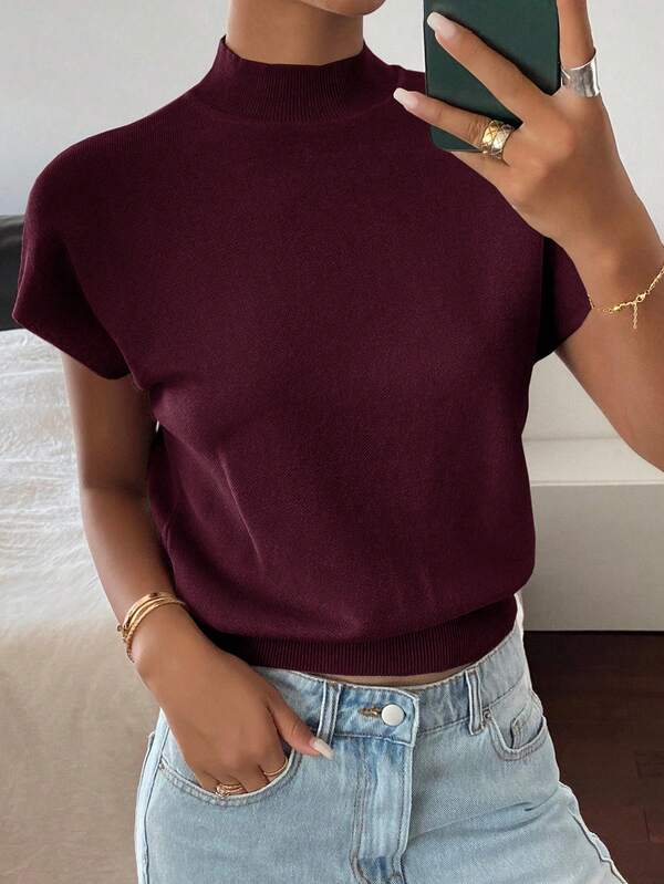 Livesso Blusa de malha casual feminina, cor sólida, gola alta, manga curta, estilo morcego, outono