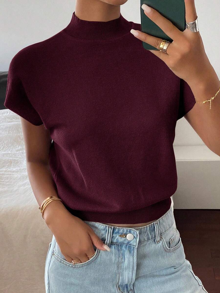 Livesso Blusa de punto casual de manga corta con cuello alto y efecto murciélago, unicolor, para otoño - Burdeos - Ver 1