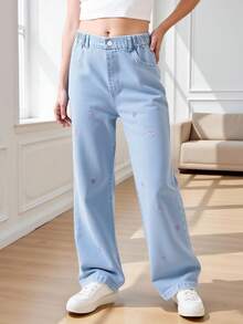 SHEIN Tween Girls Y2K Style Washed Blue Loose Casual Heart Embroidery Straight Leg Jeans, Fashion Versatile Daily Wear, Tween Jeans Embroidery,Tops - Light Wash - View 6