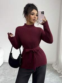 SHEIN Elenzya 冬季中长款高领针织毛衣，收腰设计 - 酒紅色 - 查看 4
