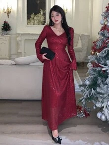 DAZY 优雅V领露背连衣裙，腰部系带，亮片装饰，适合秋冬季、新年、圣诞节、婚礼、派对、舞会等场合，闪亮夺目。 - 紅色 - 查看 9