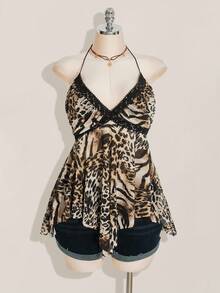 SHEIN ICON Áo ba lỗ nữ họa tiết da báo Y2K cổ yếm lưới vá bất đối xứng cỡ lớn - Nhiều màu - Xem 3