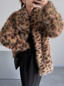 FRIFUL Women's Loose Fit Casual Leopard Print Fluffy Collar Jacket, Versatile, Autumn/Winter Women Coats - Brown - View 5