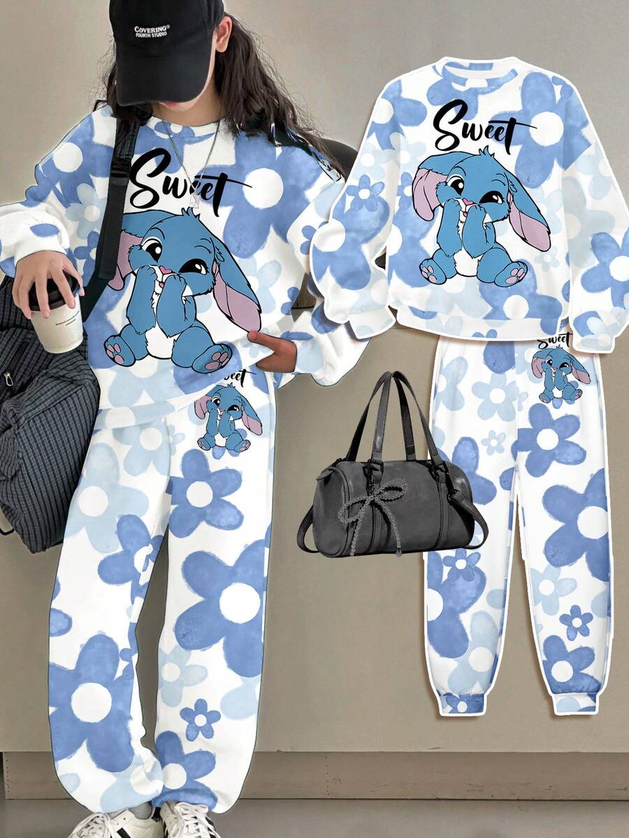 SHEIN Leap Crew Bộ 2 món/Bộ đồ liền thân dài tay cổ tròn in họa tiết thỏ và hoa cho bé gái tuổi teen, dáng rộng thoải mái, phù hợp cho mùa thu/đông, thoải mái khi mặc đi chơi, đi học, thể thao, ngoài trời, dạo phố - Nhiều màu - Xem 1