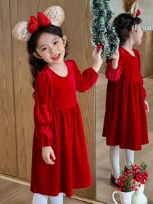 SHEIN Young Girls' Casual Round Neck Puff Sleeve Dress - Red - View 6